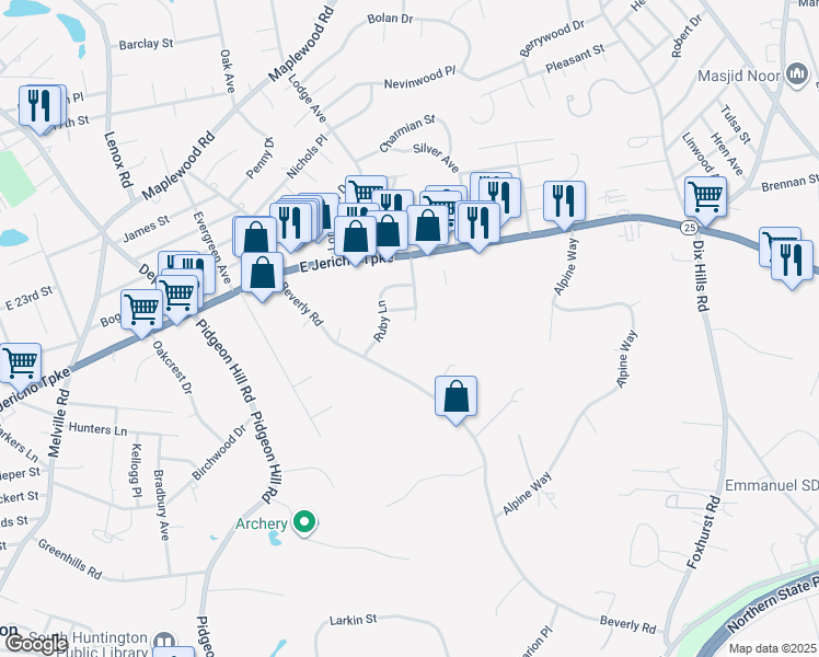 map of restaurants, bars, coffee shops, grocery stores, and more near 14 Emerald Lane in Huntington Station
