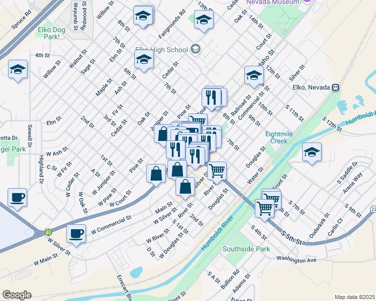 map of restaurants, bars, coffee shops, grocery stores, and more near in Elko