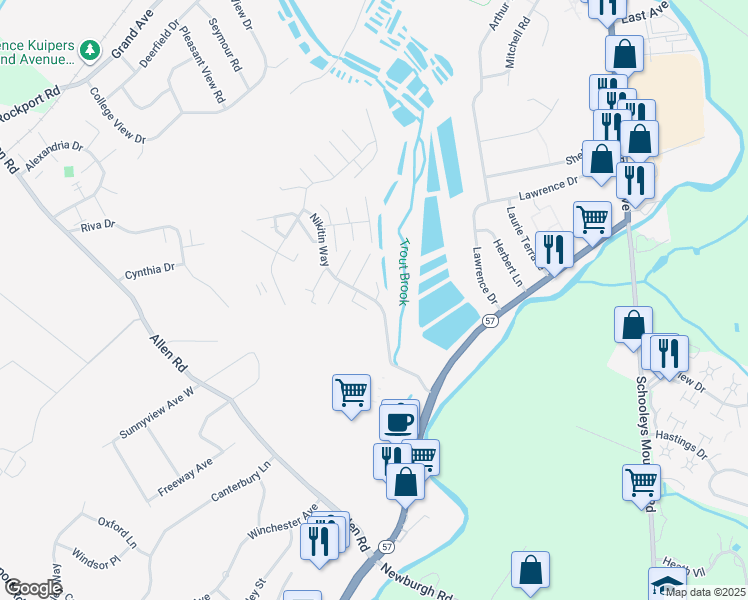 map of restaurants, bars, coffee shops, grocery stores, and more near Nikitin Way in Hackettstown