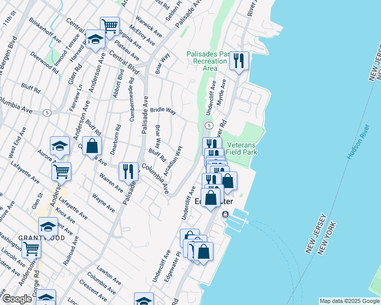 map of restaurants, bars, coffee shops, grocery stores, and more near 1092 Arcadian Way in Fort Lee