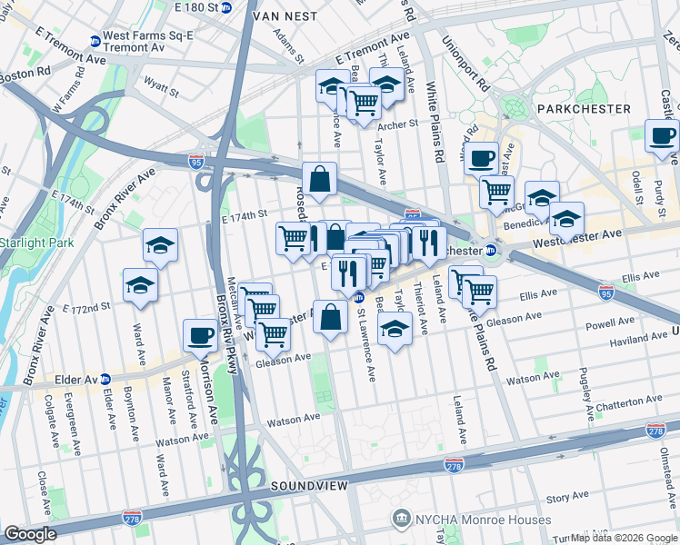 map of restaurants, bars, coffee shops, grocery stores, and more near 1280 Commonwealth Avenue in Bronx