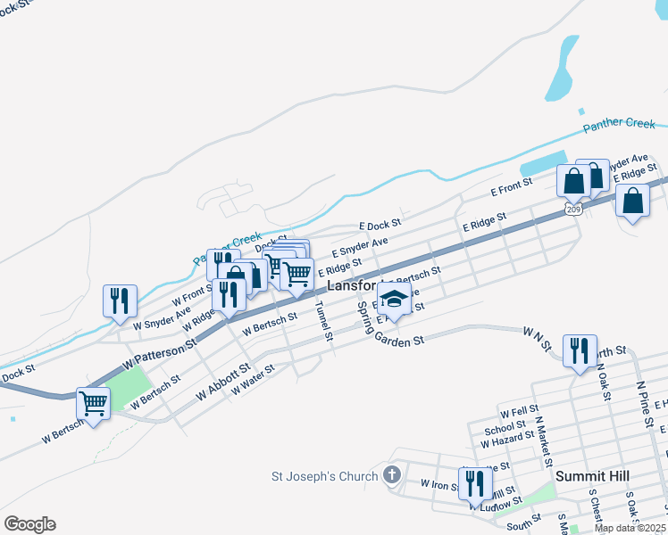 map of restaurants, bars, coffee shops, grocery stores, and more near 29-1/2 East Ridge Street in Lansford