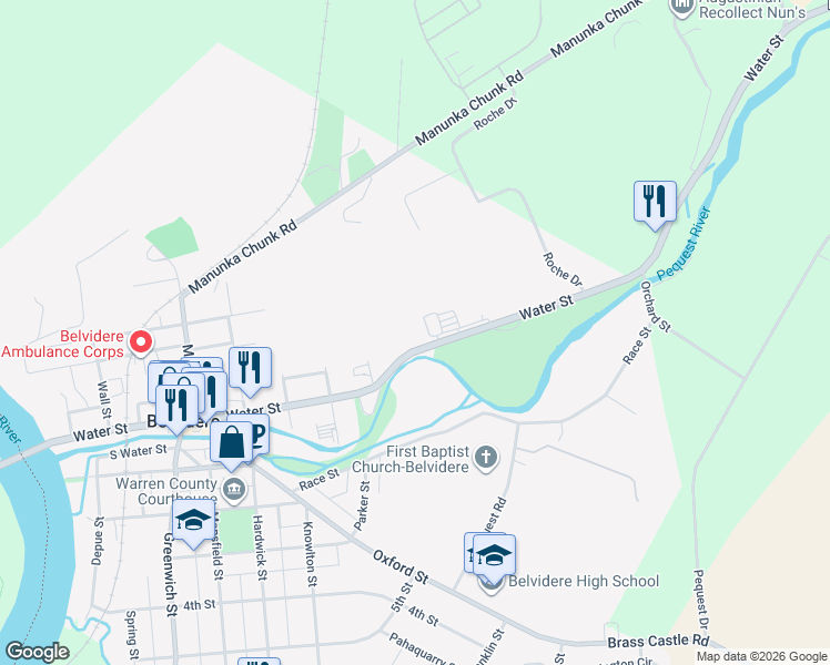 map of restaurants, bars, coffee shops, grocery stores, and more near 677 Water Street in Belvidere