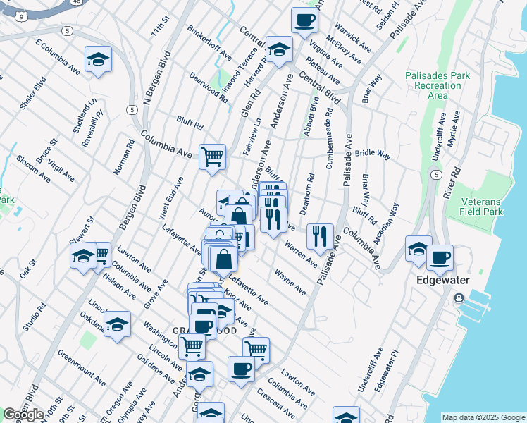 map of restaurants, bars, coffee shops, grocery stores, and more near 1006 Edgewood Lane in Fort Lee
