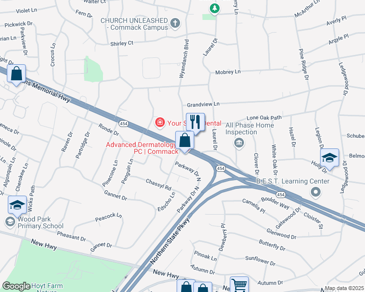 map of restaurants, bars, coffee shops, grocery stores, and more near Veterans' Memorial Highway & Wyandanch Boulevard in Smithtown