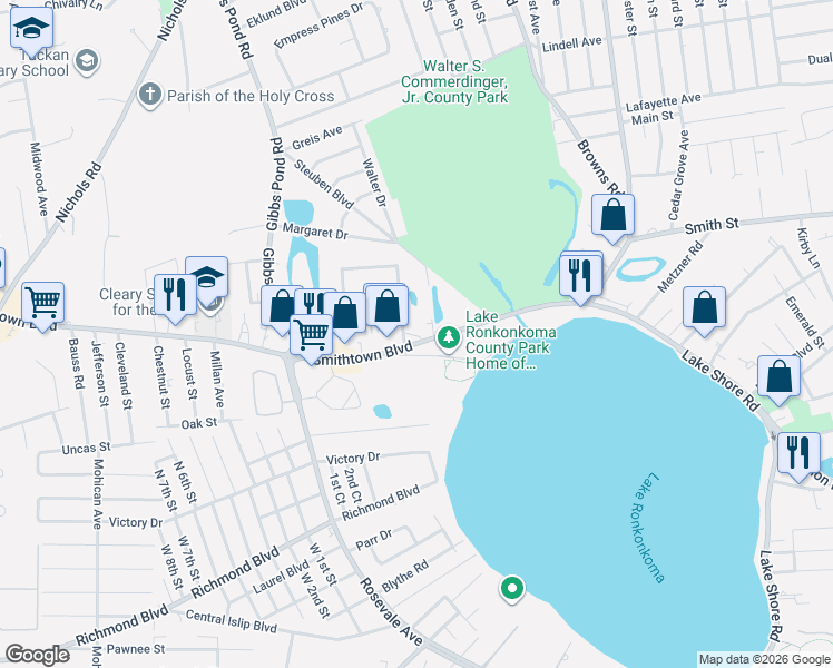 map of restaurants, bars, coffee shops, grocery stores, and more near 1 Lillian Drive in Ronkonkoma