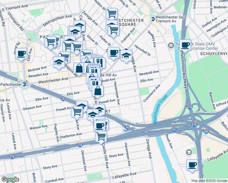 map of restaurants, bars, coffee shops, grocery stores, and more near 1218 Havemeyer Avenue in Bronx