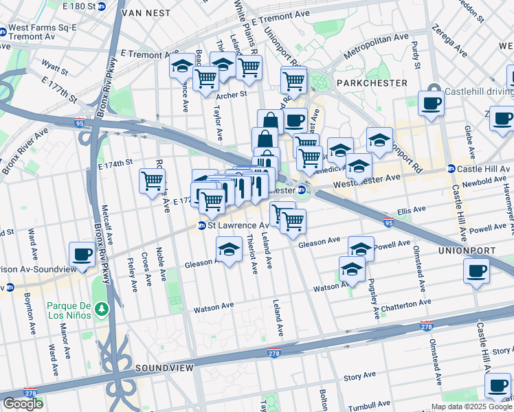 map of restaurants, bars, coffee shops, grocery stores, and more near 1316 Thieriot Avenue in Bronx