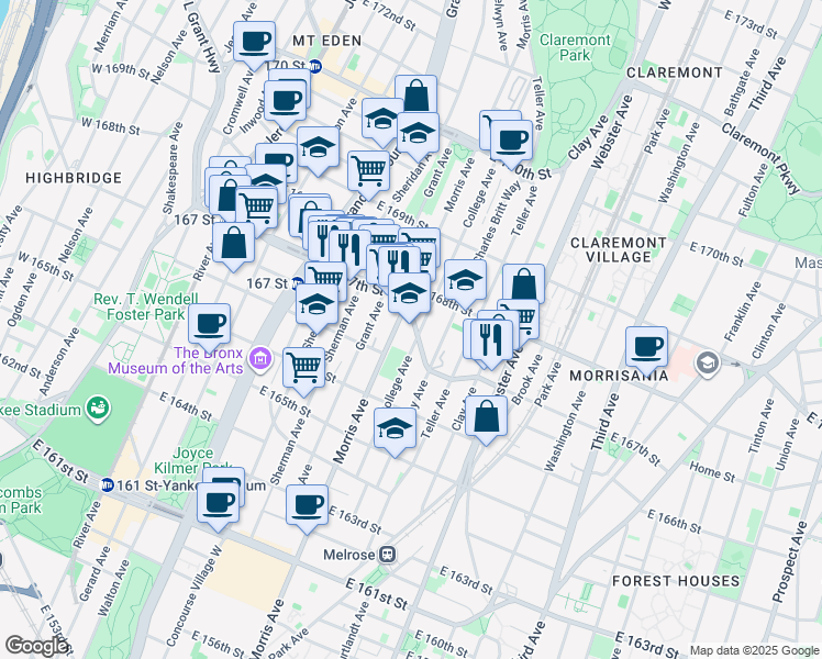 map of restaurants, bars, coffee shops, grocery stores, and more near 270 East 167th Street in Bronx