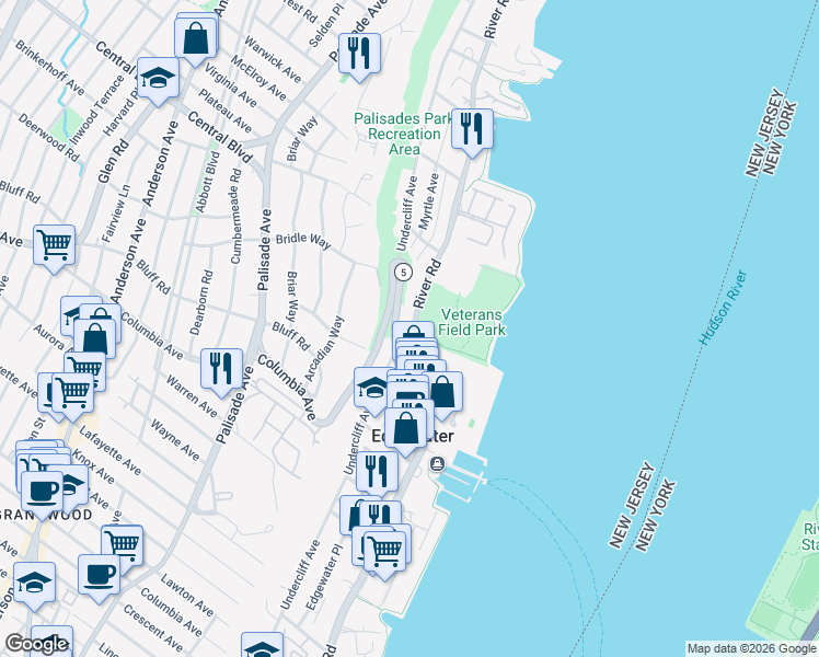 map of restaurants, bars, coffee shops, grocery stores, and more near 1122 River Road in Edgewater