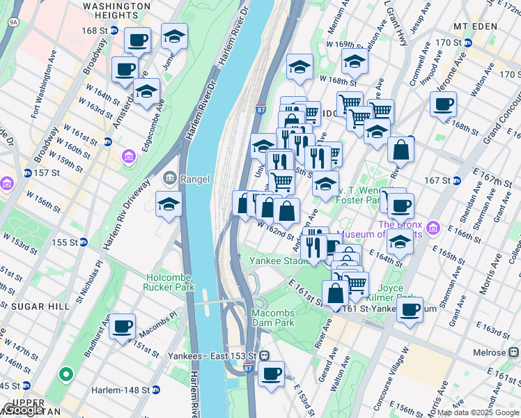 map of restaurants, bars, coffee shops, grocery stores, and more near 991 Summit Avenue in Bronx