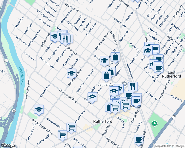 map of restaurants, bars, coffee shops, grocery stores, and more near 141 Hackett Place in Rutherford