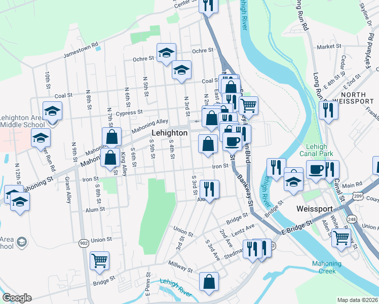 map of restaurants, bars, coffee shops, grocery stores, and more near 136 South 3rd Street in Lehighton