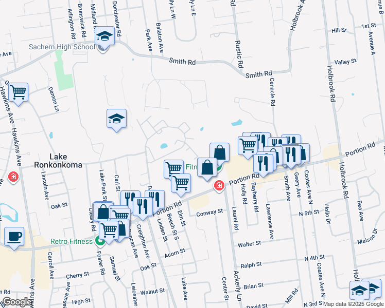 map of restaurants, bars, coffee shops, grocery stores, and more near 1000-1116 Round Pond Road in Lake Ronkonkoma