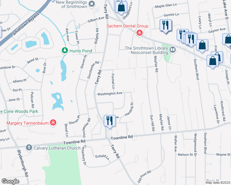 map of restaurants, bars, coffee shops, grocery stores, and more near 19 Format Lane in Smithtown