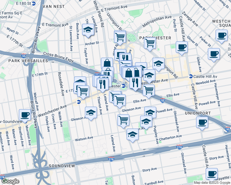 map of restaurants, bars, coffee shops, grocery stores, and more near 11062 Hugh J. Grant Circle in Bronx