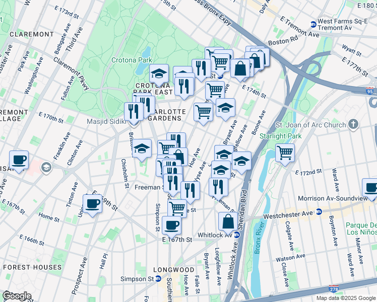 map of restaurants, bars, coffee shops, grocery stores, and more near 1490 Southern Boulevard in The Bronx