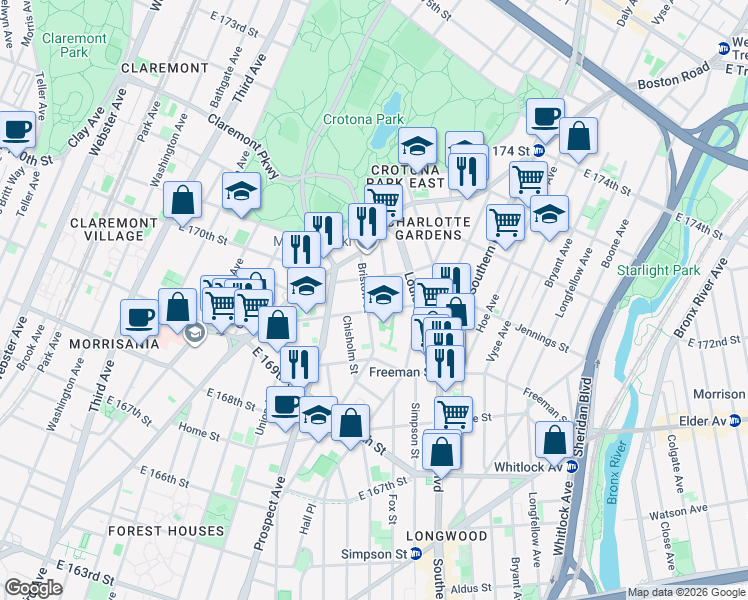 map of restaurants, bars, coffee shops, grocery stores, and more near 1397 Stebbins Avenue in The Bronx