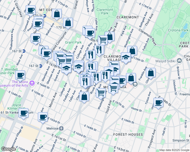 map of restaurants, bars, coffee shops, grocery stores, and more near in The Bronx