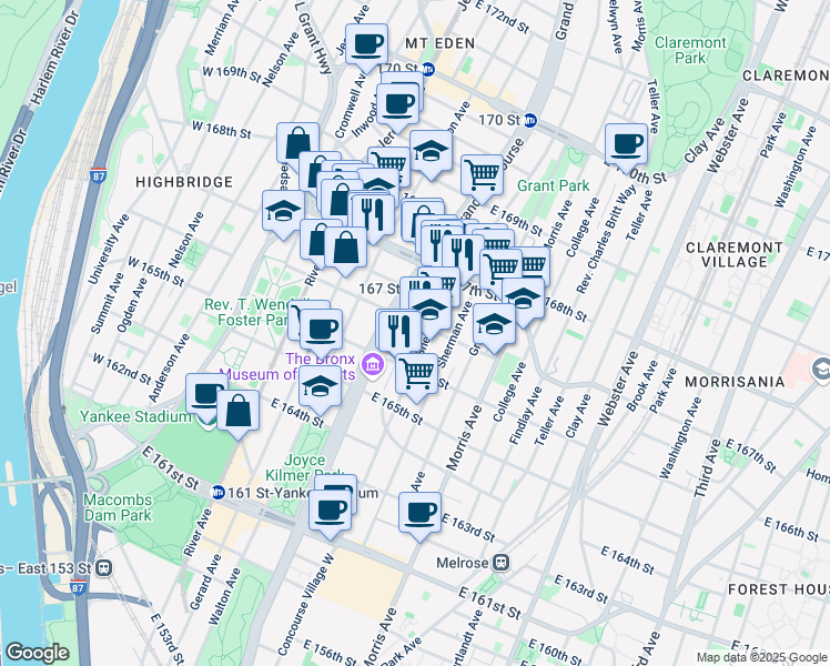 map of restaurants, bars, coffee shops, grocery stores, and more near in The Bronx