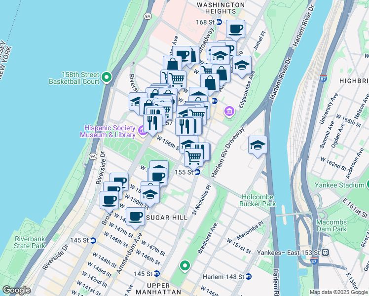 map of restaurants, bars, coffee shops, grocery stores, and more near 1963 Amsterdam Avenue in New York