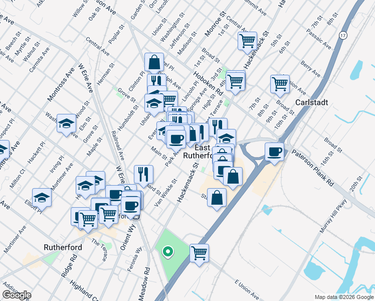 map of restaurants, bars, coffee shops, grocery stores, and more near 119 Park Avenue in East Rutherford
