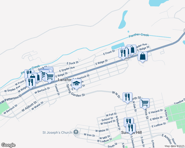 map of restaurants, bars, coffee shops, grocery stores, and more near 328 East Patterson Street in Lansford