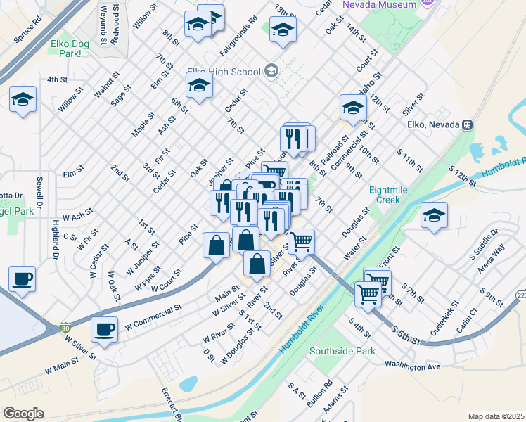 map of restaurants, bars, coffee shops, grocery stores, and more near in Elko