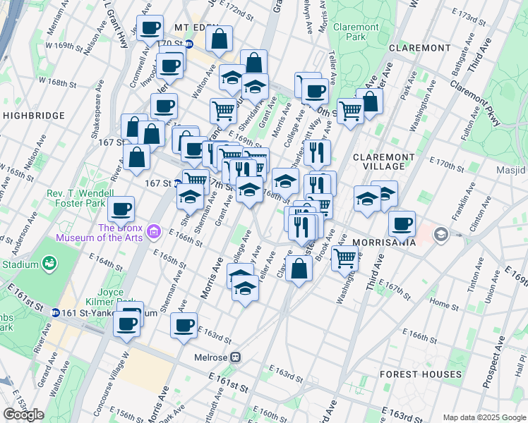 map of restaurants, bars, coffee shops, grocery stores, and more near 1227 College Avenue in Bronx