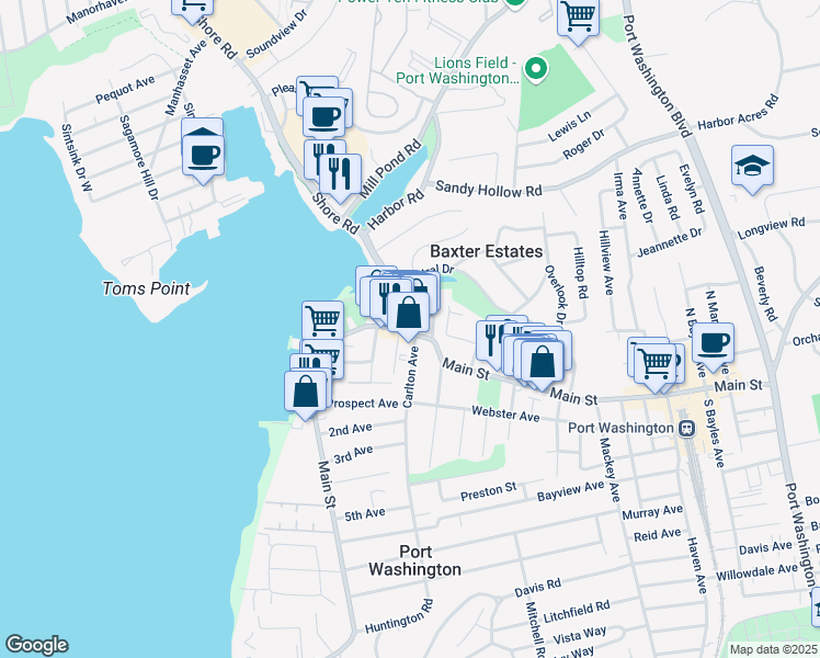 map of restaurants, bars, coffee shops, grocery stores, and more near 12 Columbia Place in Port Washington