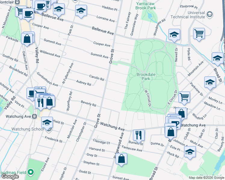 map of restaurants, bars, coffee shops, grocery stores, and more near 7 Chester Road in Montclair