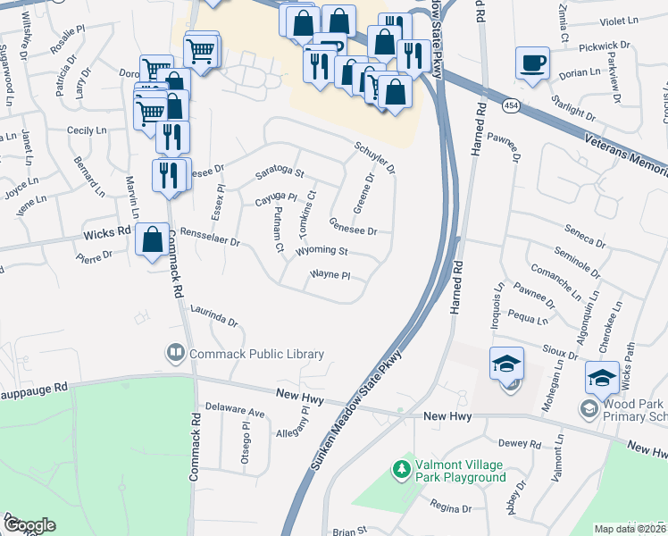 map of restaurants, bars, coffee shops, grocery stores, and more near 17 Wayne Place in Commack
