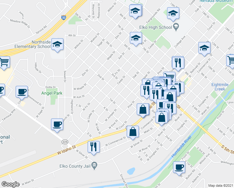 map of restaurants, bars, coffee shops, grocery stores, and more near 193 Oak Street in Elko