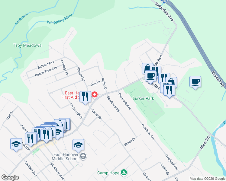 map of restaurants, bars, coffee shops, grocery stores, and more near 580 Ridgedale Avenue in East Hanover