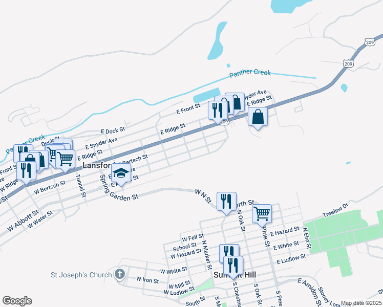 map of restaurants, bars, coffee shops, grocery stores, and more near 37 Jones Street in Lansford