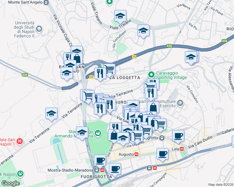 map of restaurants, bars, coffee shops, grocery stores, and more near 75 Via Terracina in Napoli