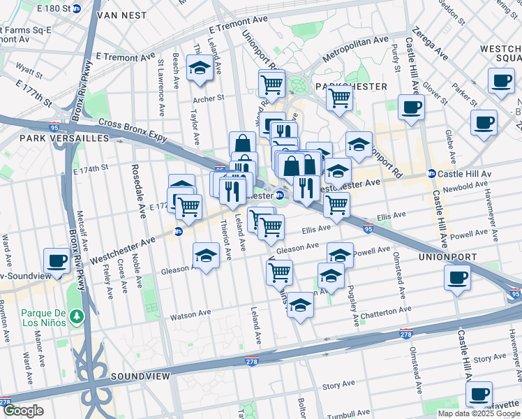 map of restaurants, bars, coffee shops, grocery stores, and more near 11062 Hugh J. Grant Circle in Bronx