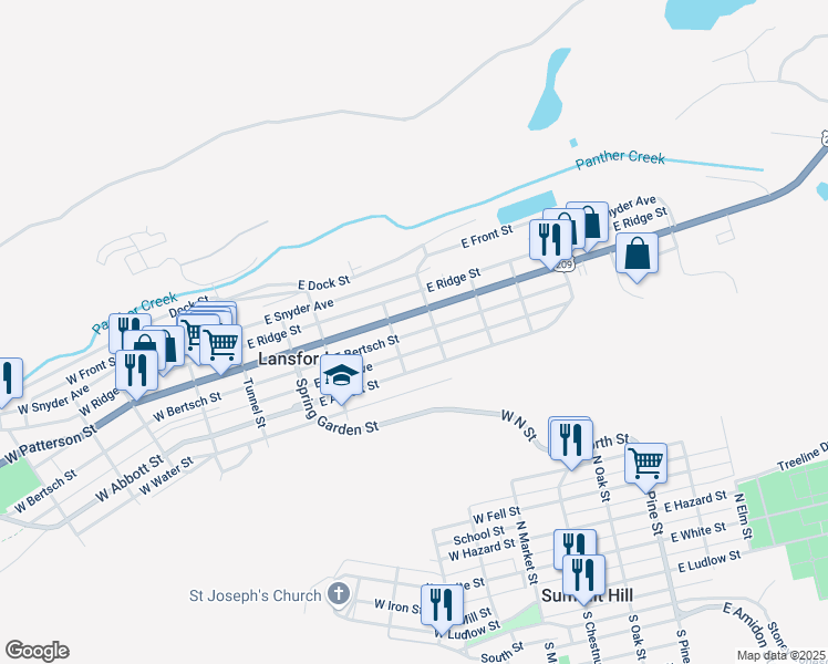 map of restaurants, bars, coffee shops, grocery stores, and more near 328 East Patterson Street in Lansford