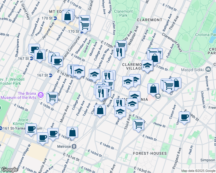 map of restaurants, bars, coffee shops, grocery stores, and more near 393 East 168th Street in The Bronx