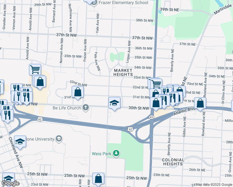 map of restaurants, bars, coffee shops, grocery stores, and more near 3122 Logan Avenue Northwest in Canton