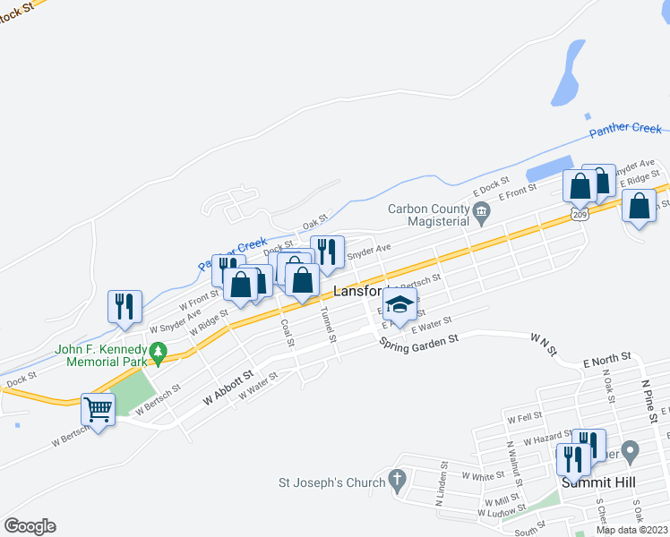 map of restaurants, bars, coffee shops, grocery stores, and more near 23 East Ridge Street in Lansford