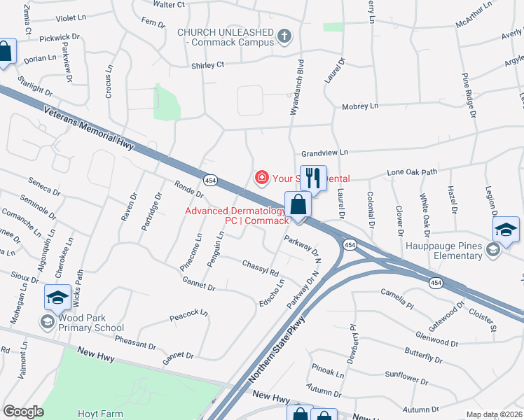 map of restaurants, bars, coffee shops, grocery stores, and more near 350 Veterans Memorial Highway in Commack