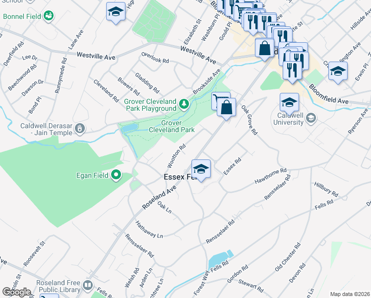 map of restaurants, bars, coffee shops, grocery stores, and more near 26 Wootton Road in Essex Fells