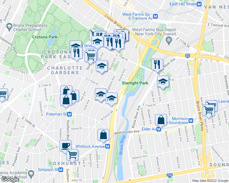 map of restaurants, bars, coffee shops, grocery stores, and more near Boone Avenue in Bronx