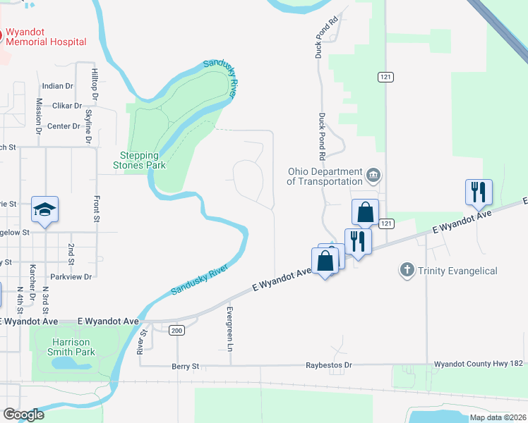 map of restaurants, bars, coffee shops, grocery stores, and more near 147 Rivers Edge Lane in Upper Sandusky