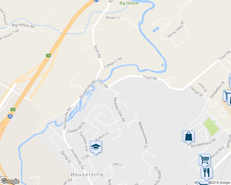 map of restaurants, bars, coffee shops, grocery stores, and more near Mountain Laurel Drive in State College