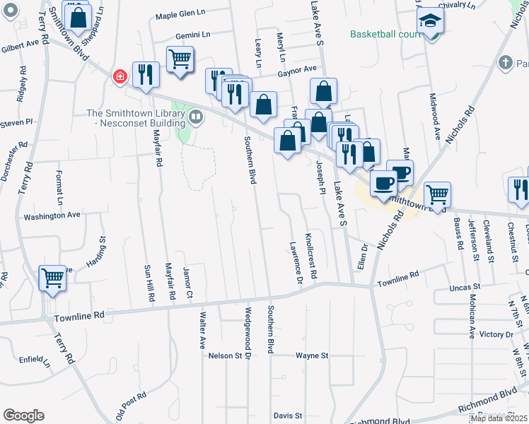 map of restaurants, bars, coffee shops, grocery stores, and more near 253 Southern Boulevard in Nesconset