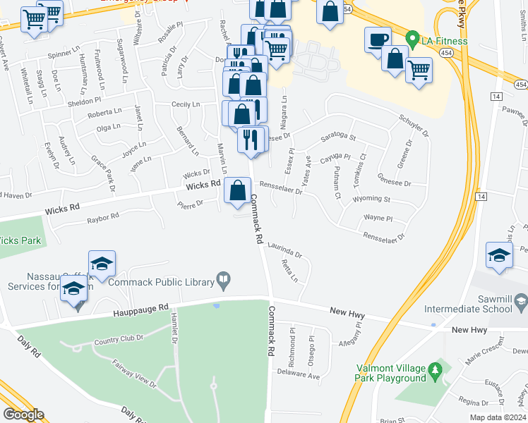 map of restaurants, bars, coffee shops, grocery stores, and more near 376 Commack Road in Commack