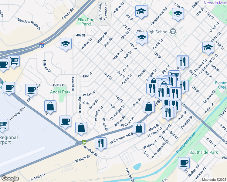 map of restaurants, bars, coffee shops, grocery stores, and more near 100-120 Fir Street in Elko