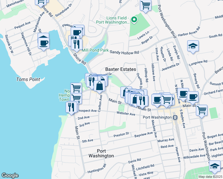 map of restaurants, bars, coffee shops, grocery stores, and more near 1 Green Hays in Port Washington